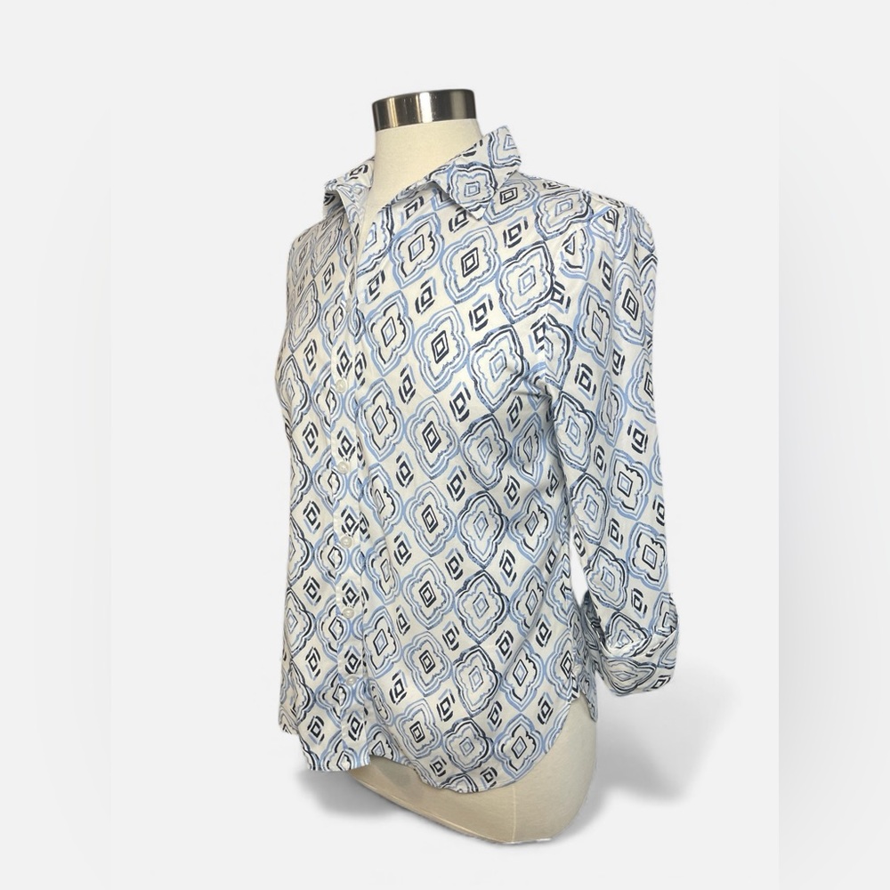 Chico's No Iron Cotton Stretch Button Front Shirt Blue Geometric Print - Picture 5 of 6
